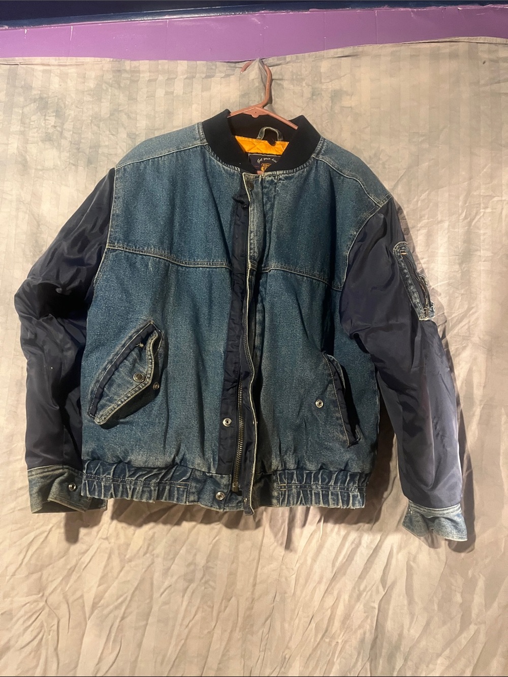 Route 66 Denim Bomber Jacket with Navy Sleeves